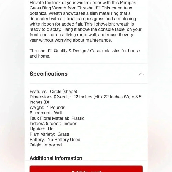 NWT THRESHOLD PAMPAS GRASS RING WREATH - Picture 7 of 7